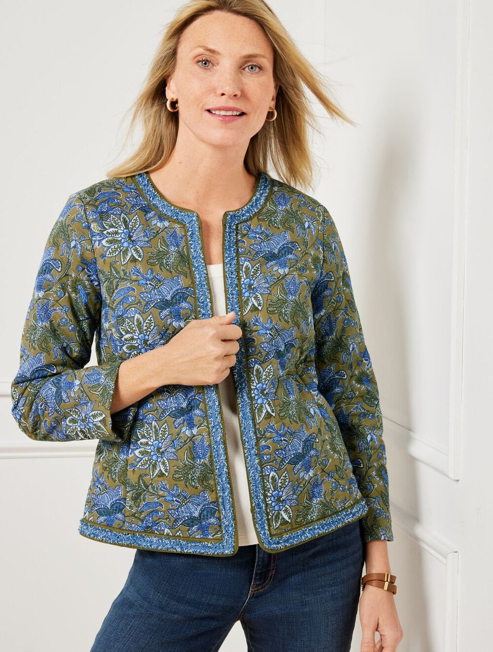 Talbots Floral Quilted Jacket Sage Leaf Lakeshore Blue Small NEW